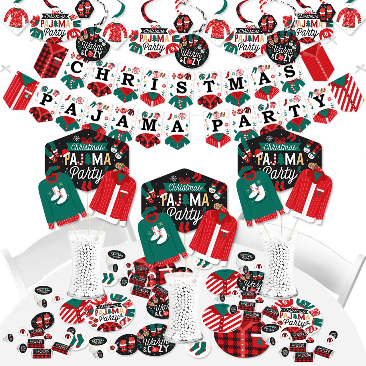 Big Dot of Happiness Christmas Pajamas - Holiday Plaid PJ Party Supplies - Banner Decoration Kit - Fundle Bundle